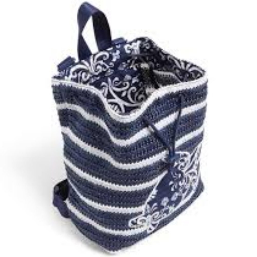 Steel Blue Medallion Straw Drawstring Backpack Vera Bradley EUC